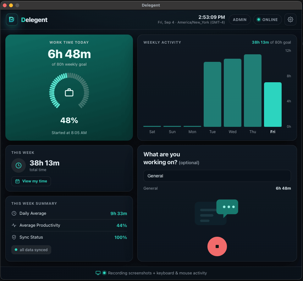 The Delegent desktop app window showing today's work time, a weekly activity chart, this week's totals, a stop-tracking button and a notice that screenshots and activity are being recorded